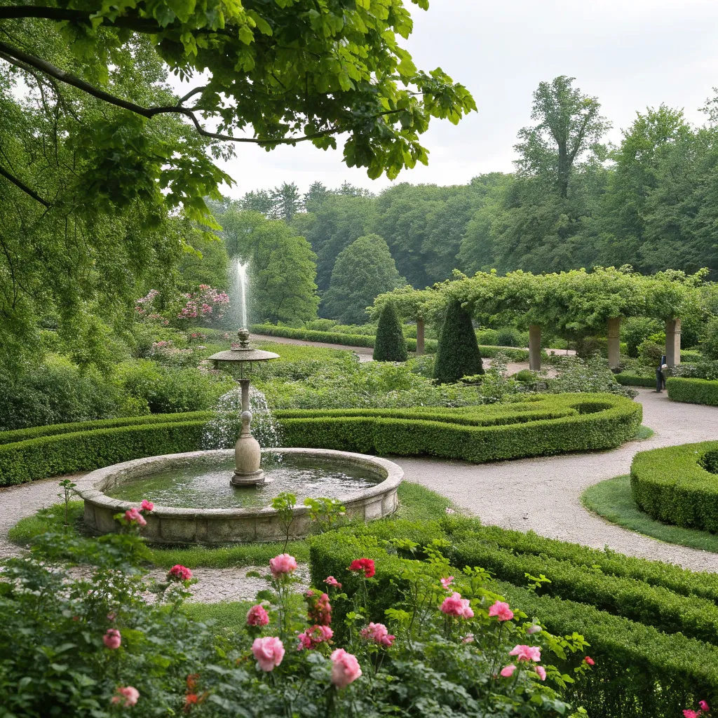 Lush green garden with a fountain centerpiece